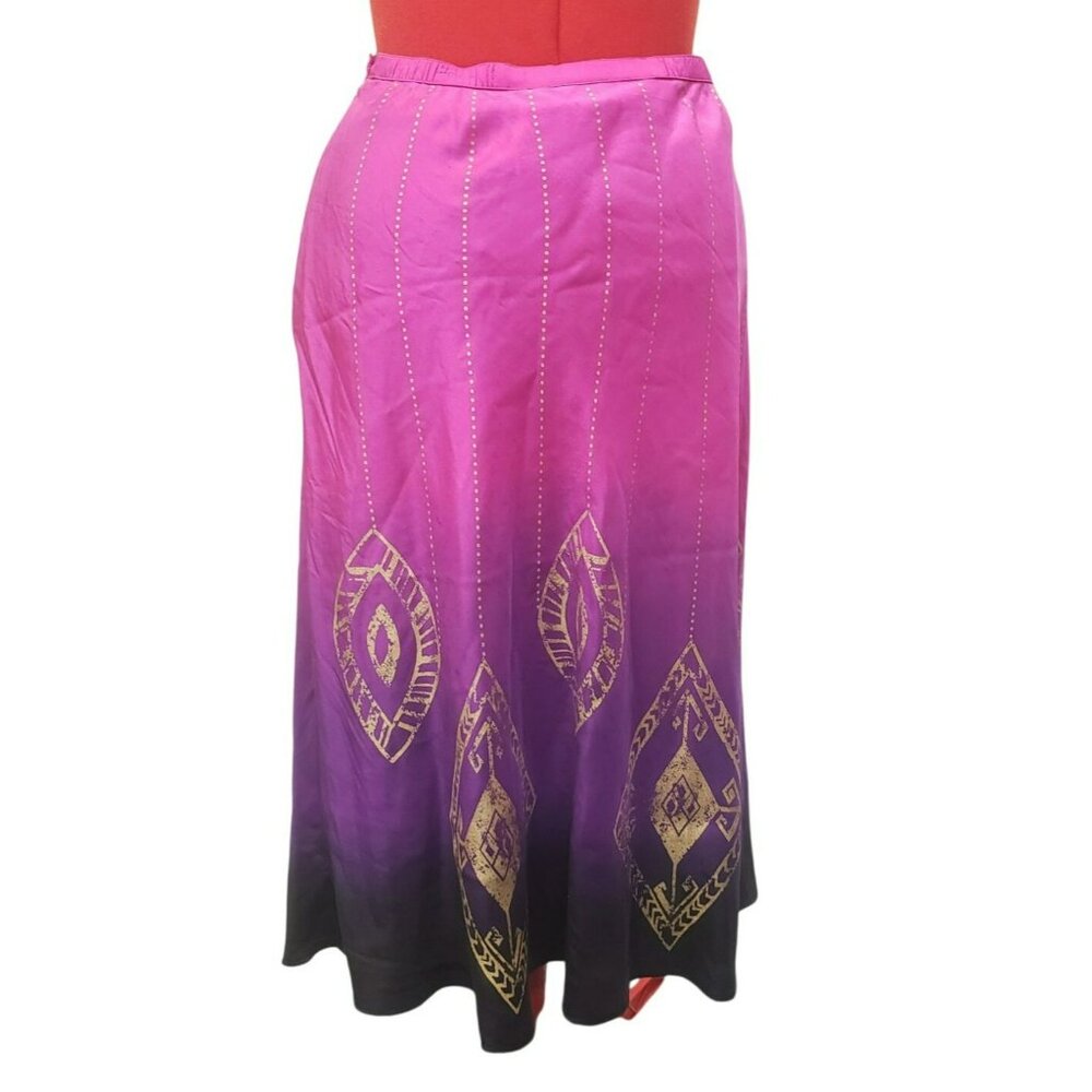 Chicos Tribal Rhythm Nellie Skirt, Size 1 Med, Pink Purple, Silk, Cotton lined